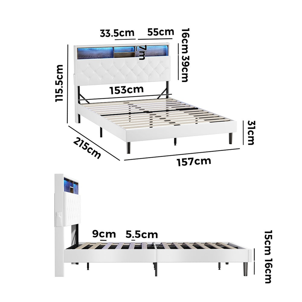 Oikiture Bed Frame Queen Size with LED Storage Bedhead White-Bed Frame-PEROZ Accessories