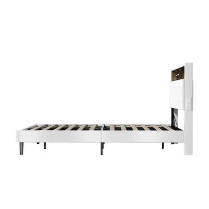 Oikiture Bed Frame Queen Size with LED Storage Bedhead White-Bed Frame-PEROZ Accessories