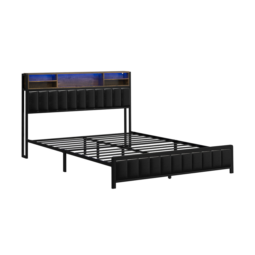Oikiture Bed Frame Queen Size LED Storage Bedhead Leather Black-Bed Frame-PEROZ Accessories