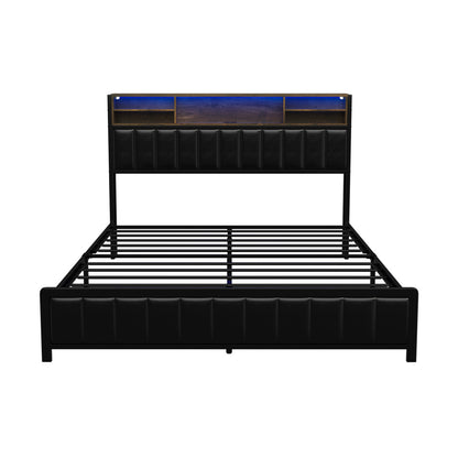 Oikiture Bed Frame Queen Size LED Storage Bedhead Leather Black-Bed Frame-PEROZ Accessories