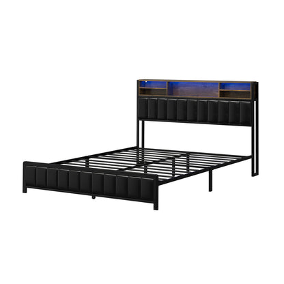 Oikiture Bed Frame Queen Size LED Storage Bedhead Leather Black-Bed Frame-PEROZ Accessories