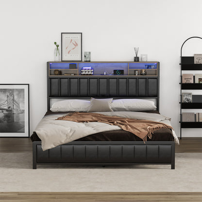Oikiture Bed Frame Queen Size LED Storage Bedhead Leather Black-Bed Frame-PEROZ Accessories