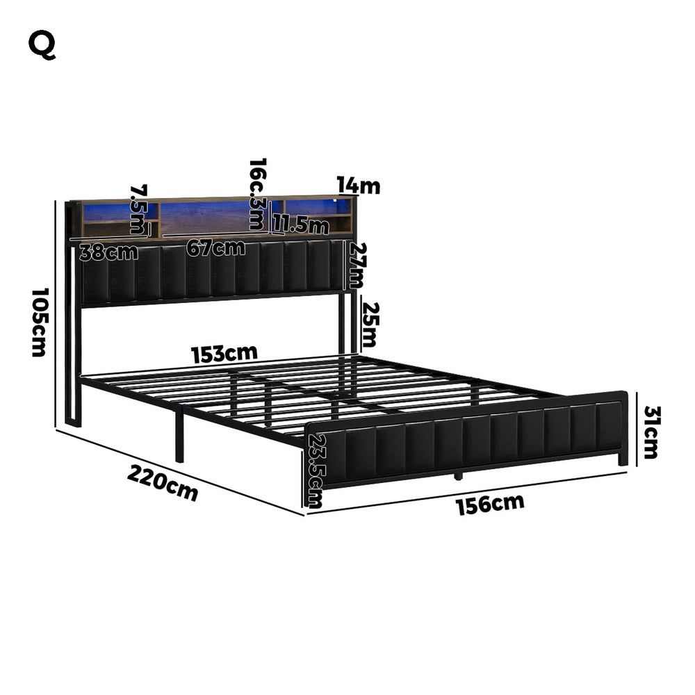 Oikiture Bed Frame Queen Size LED Storage Bedhead Leather Black-Bed Frame-PEROZ Accessories