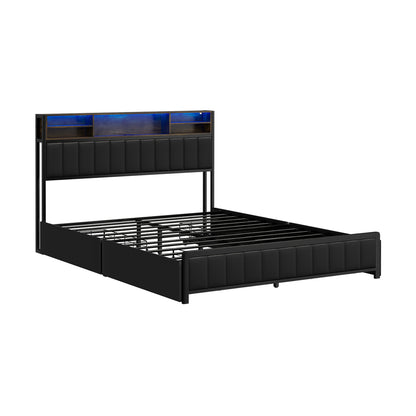 Oikiture Bed Frame Queen Size LED Storage Bedhead 4 Drawers Leather-Bed Frame-PEROZ Accessories