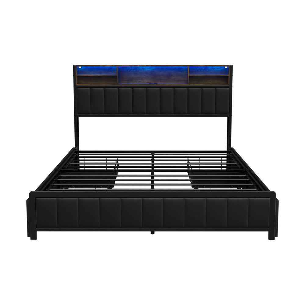 Oikiture Bed Frame Queen Size LED Storage Bedhead 4 Drawers Leather-Bed Frame-PEROZ Accessories