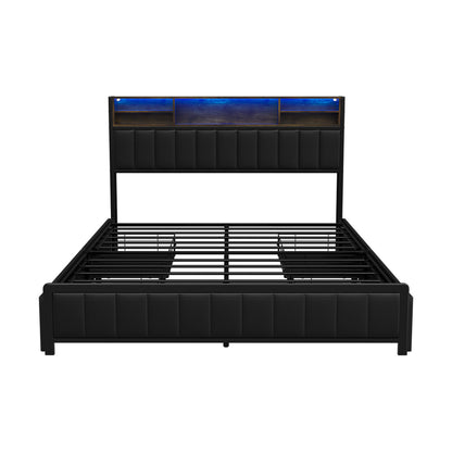 Oikiture Bed Frame Queen Size LED Storage Bedhead 4 Drawers Leather-Bed Frame-PEROZ Accessories