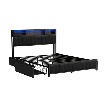 Oikiture Bed Frame Queen Size LED Storage Bedhead 4 Drawers Leather-Bed Frame-PEROZ Accessories