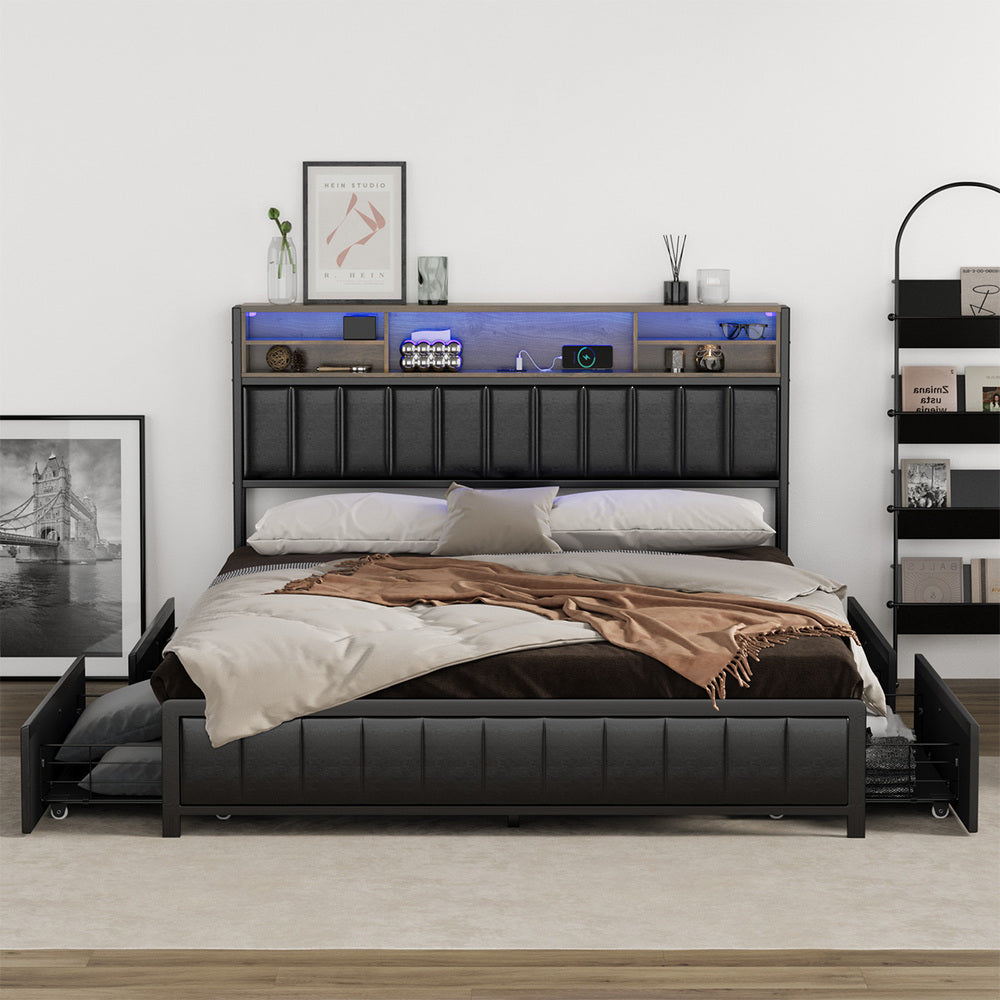Oikiture Bed Frame Queen Size LED Storage Bedhead 4 Drawers Leather-Bed Frame-PEROZ Accessories