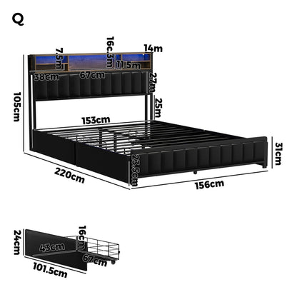 Oikiture Bed Frame Queen Size LED Storage Bedhead 4 Drawers Leather-Bed Frame-PEROZ Accessories