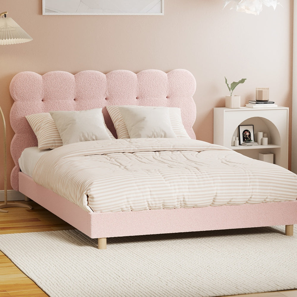Oikiture Bed Frame Double Size Tufted Bedhead Boucle Fabric Pink-Bed Frame-PEROZ Accessories