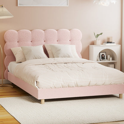 Oikiture Bed Frame Double Size Tufted Bedhead Boucle Fabric Pink-Bed Frame-PEROZ Accessories