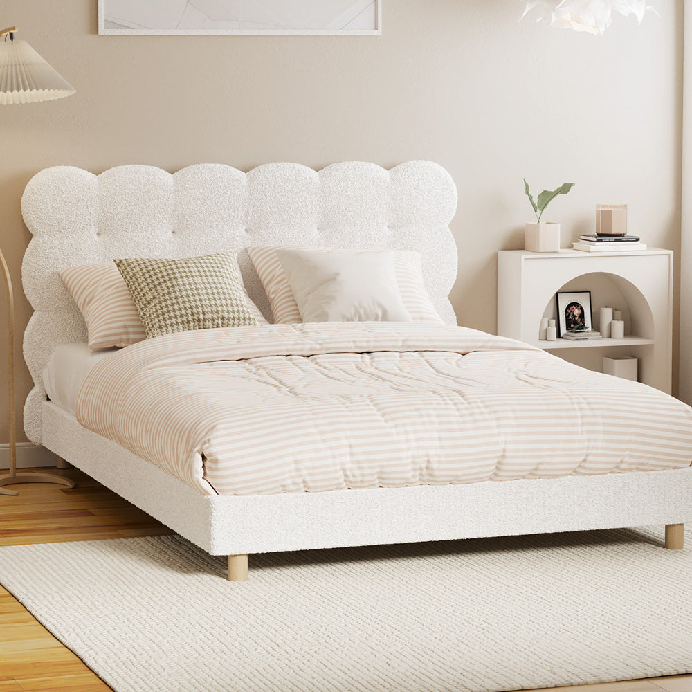 Oikiture Bed Frame Double Tufted Bedhead Boucle Fabric White-Bed Frame-PEROZ Accessories