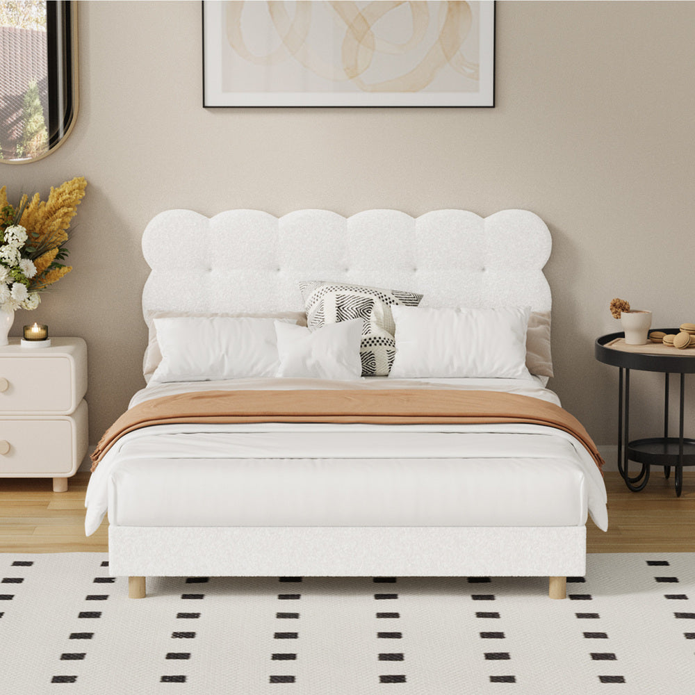 Oikiture Bed Frame Double Tufted Bedhead Boucle Fabric White-Bed Frame-PEROZ Accessories