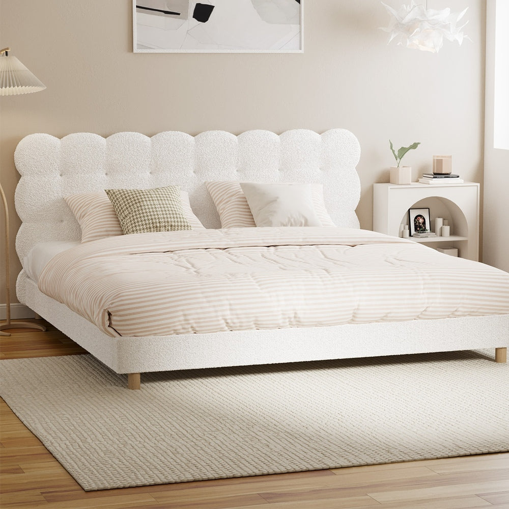 Oikiture Bed Frame King Tufted Bedhead Boucle Fabric White-Bed Frame-PEROZ Accessories