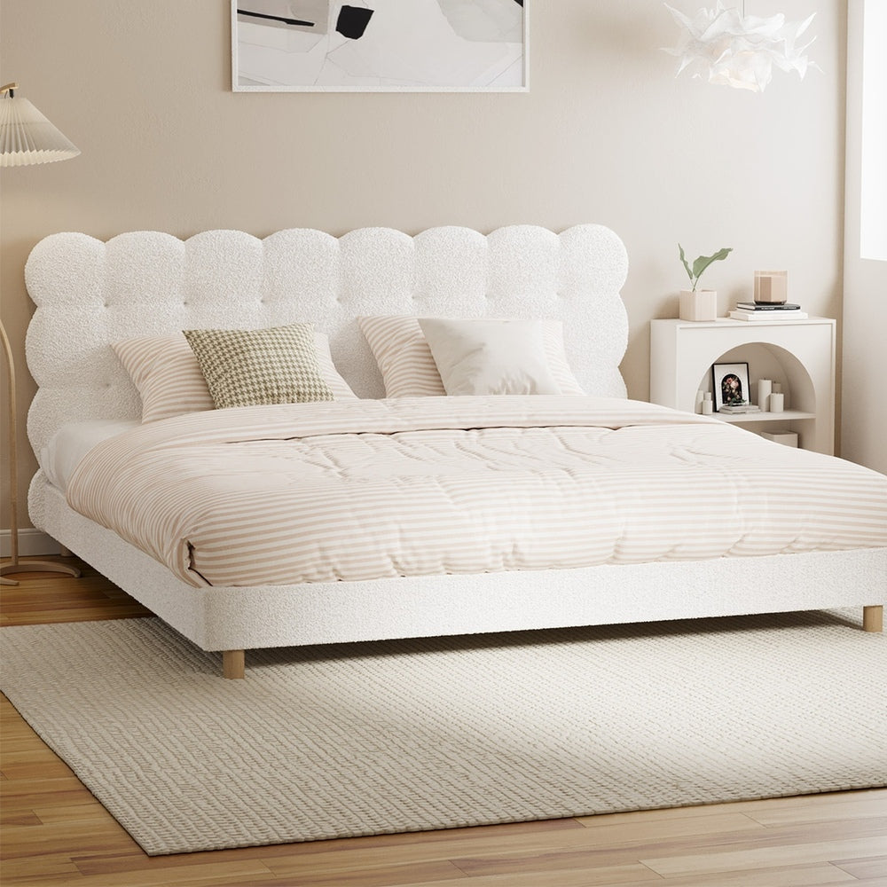 Oikiture Bed Frame King Tufted Bedhead Boucle Fabric White-Bed Frame-PEROZ Accessories