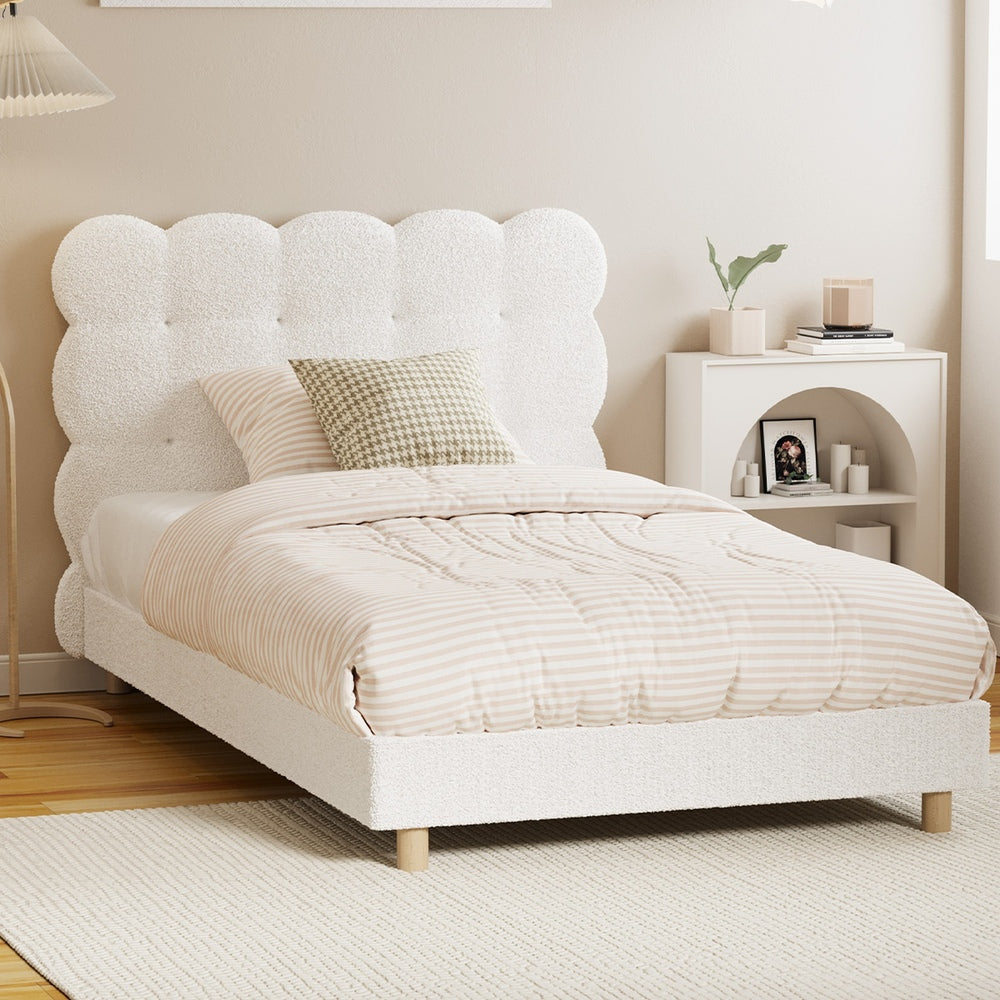 Oikiture Bed Frame King Single Tufted Bedhead Boucle Fabric White-Bed Frame-PEROZ Accessories