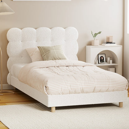 Oikiture Bed Frame King Single Tufted Bedhead Boucle Fabric White-Bed Frame-PEROZ Accessories