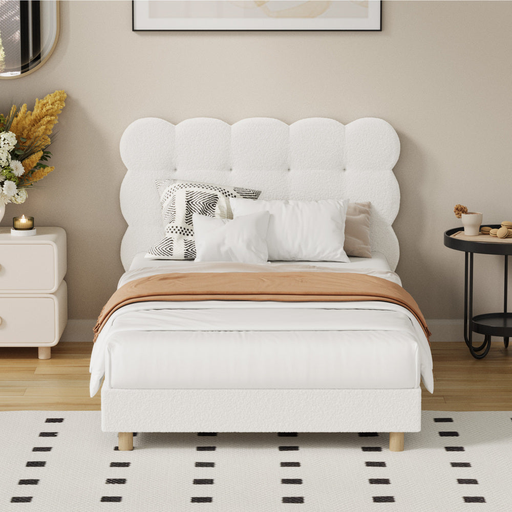 Oikiture Bed Frame King Single Tufted Bedhead Boucle Fabric White-Bed Frame-PEROZ Accessories