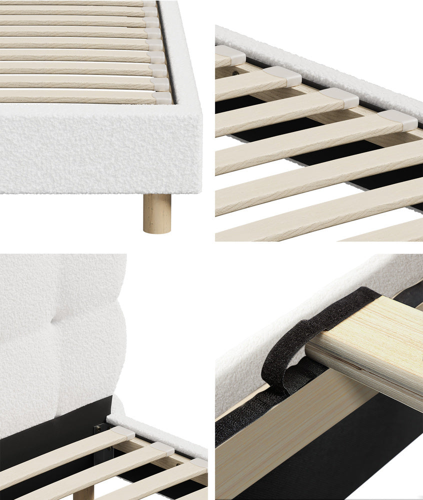 Oikiture Bed Frame King Single Tufted Bedhead Boucle Fabric White-Bed Frame-PEROZ Accessories
