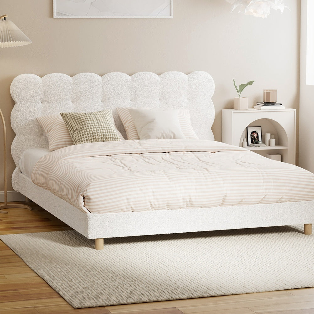 Oikiture Bed Frame Queen Tufted Bedhead Boucle Fabric White-Bed Frame-PEROZ Accessories