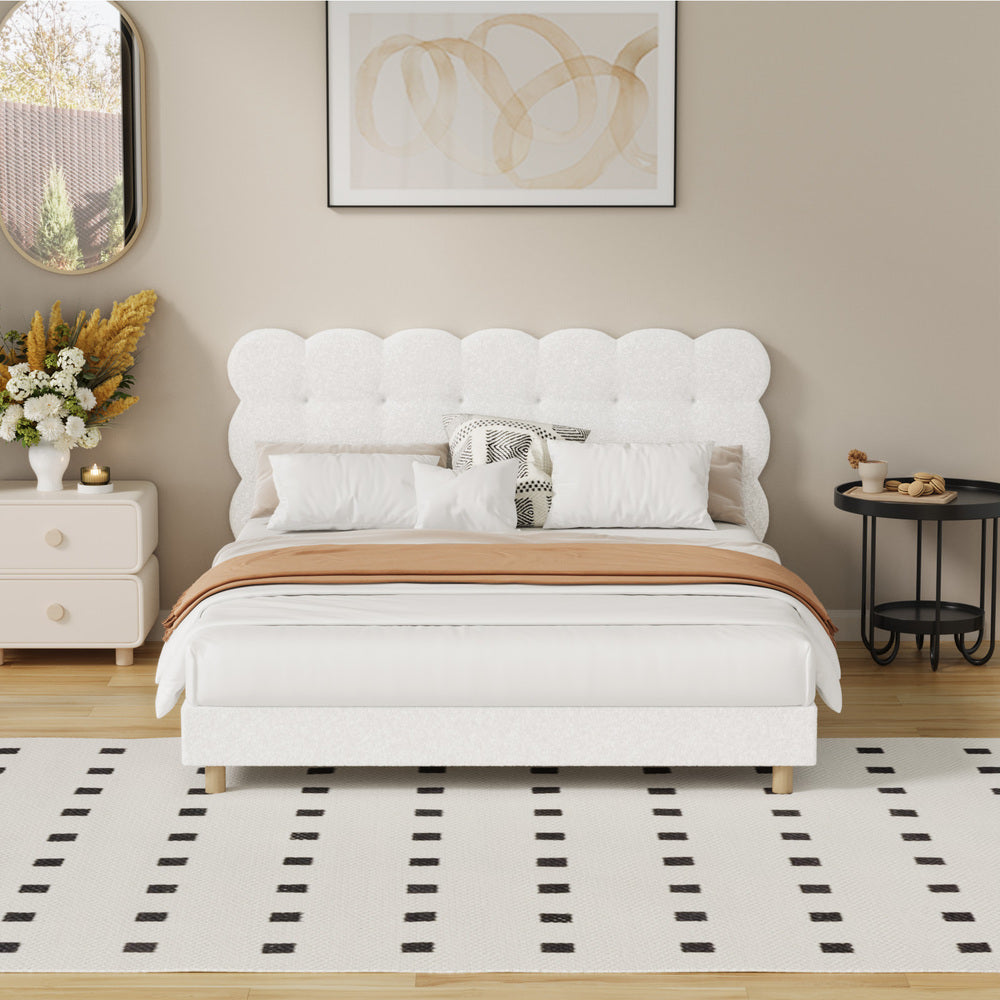 Oikiture Bed Frame Queen Tufted Bedhead Boucle Fabric White-Bed Frame-PEROZ Accessories