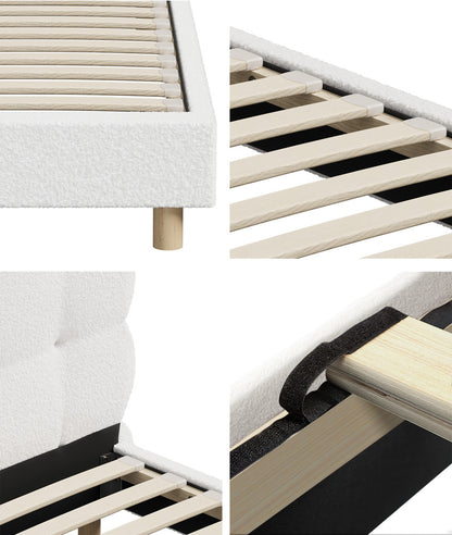 Oikiture Bed Frame Queen Tufted Bedhead Boucle Fabric White-Bed Frame-PEROZ Accessories