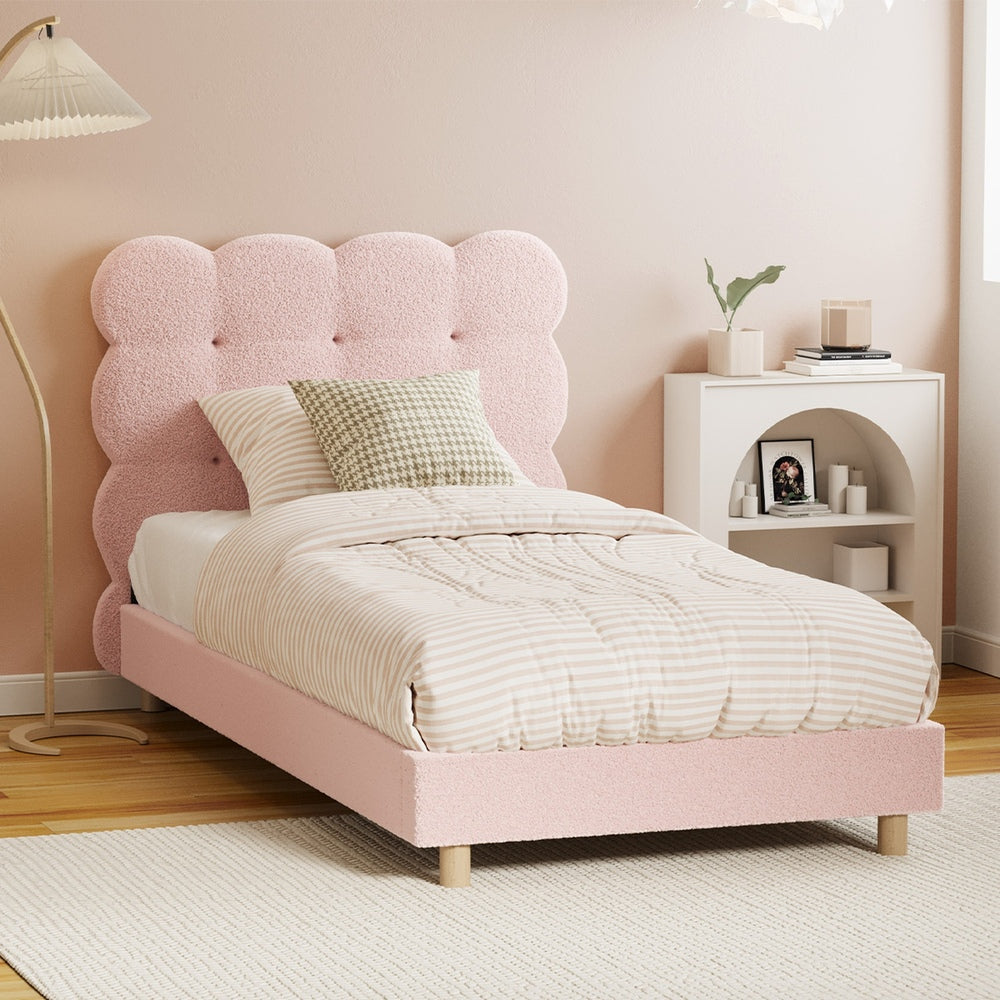 Oikiture Bed Frame Single Size Tufted Bedhead Boucle Fabric Pink-Bed Frame-PEROZ Accessories