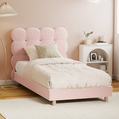 Oikiture Bed Frame Single Size Tufted Bedhead Boucle Fabric Pink-Bed Frame-PEROZ Accessories