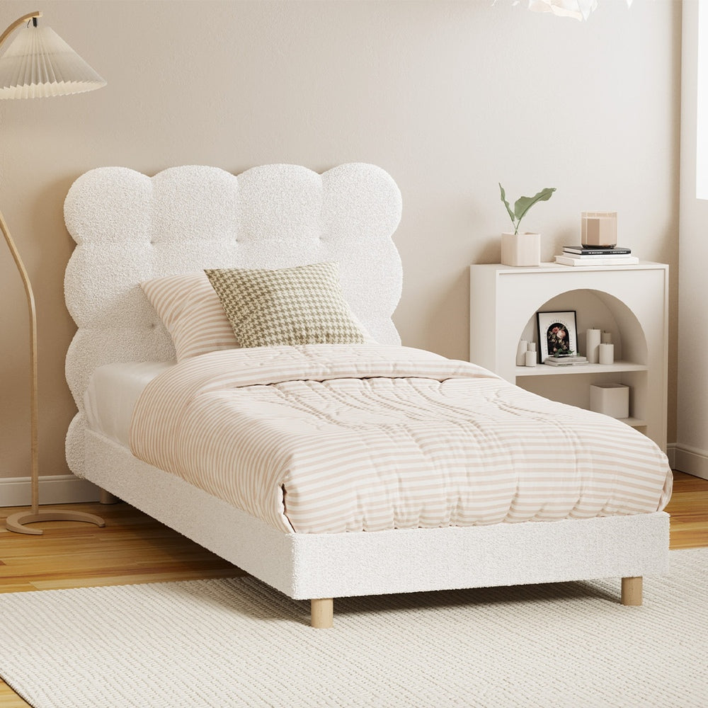 Oikiture Bed Frame Single Tufted Bedhead Boucle Fabric White-Bed Frame-PEROZ Accessories