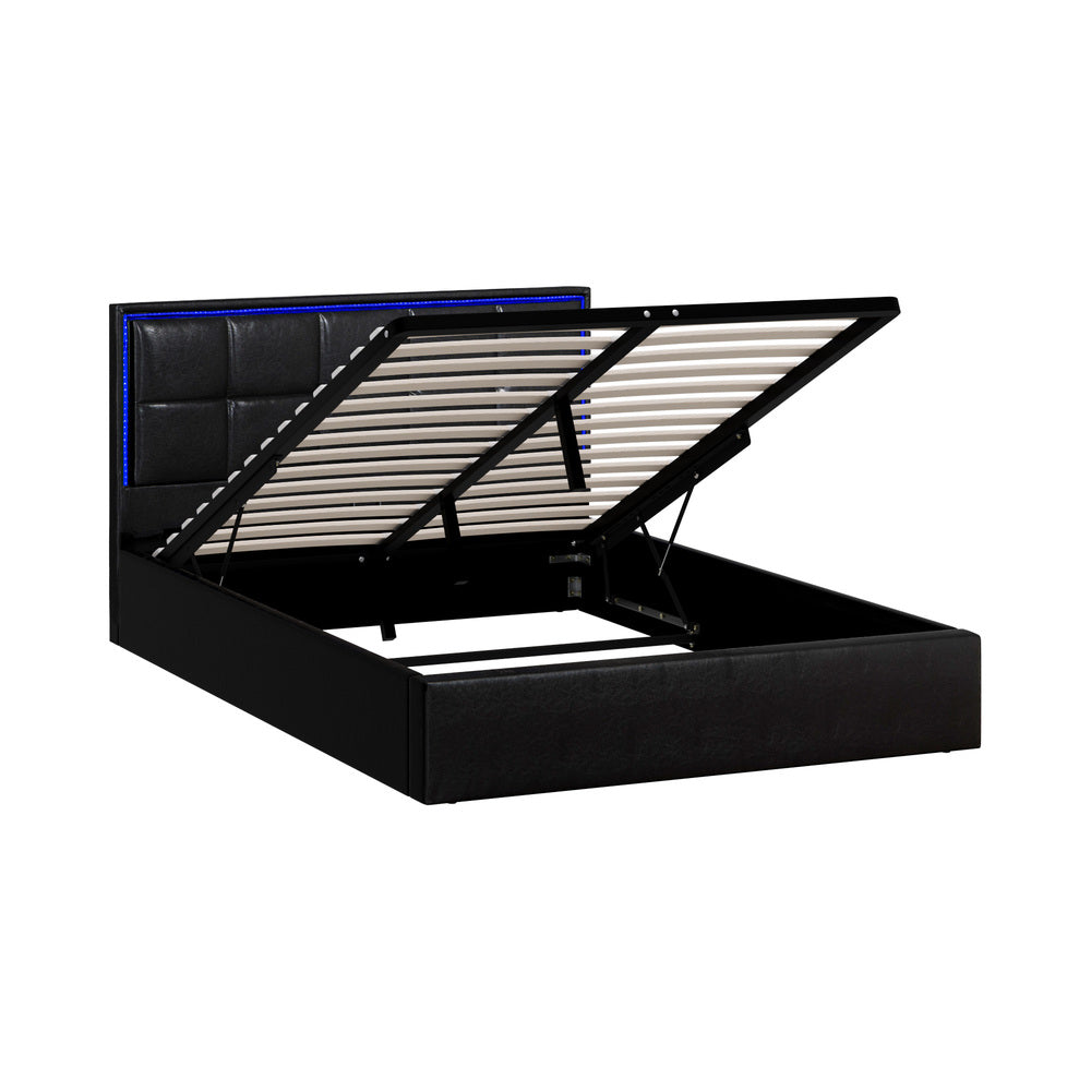 Oikiture Bed Frame Double Size RGB LED Gas Lift Storage Base Leather-Bed Frame-PEROZ Accessories