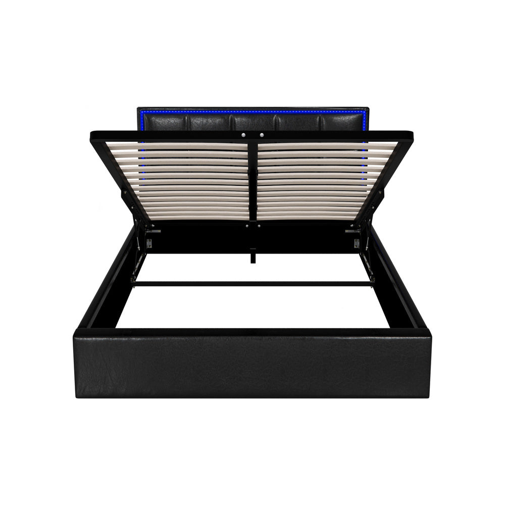 Oikiture Bed Frame Double Size RGB LED Gas Lift Storage Base Leather-Bed Frame-PEROZ Accessories