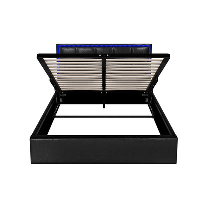 Oikiture Bed Frame Double Size RGB LED Gas Lift Storage Base Leather-Bed Frame-PEROZ Accessories