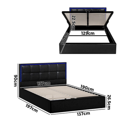 Oikiture Bed Frame Double Size RGB LED Gas Lift Storage Base Leather-Bed Frame-PEROZ Accessories