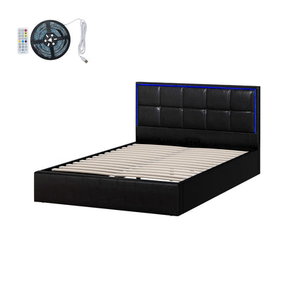Oikiture Bed Frame Double Size RGB LED Gas Lift Storage Base Leather-Bed Frame-PEROZ Accessories