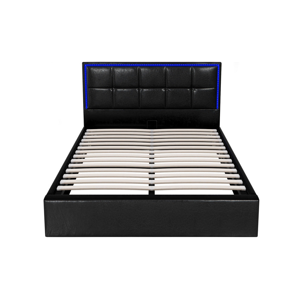 Oikiture Bed Frame Double Size RGB LED Gas Lift Storage Base Leather-Bed Frame-PEROZ Accessories