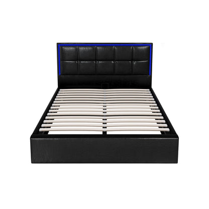 Oikiture Bed Frame Double Size RGB LED Gas Lift Storage Base Leather-Bed Frame-PEROZ Accessories