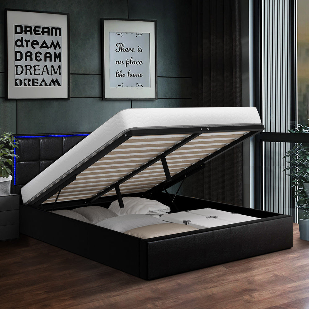 Oikiture Bed Frame Double Size RGB LED Gas Lift Storage Base Leather-Bed Frame-PEROZ Accessories
