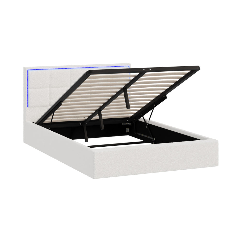 Oikiture Bed Frame Double Size RGB LED Gas Lift Storage Base White Boucle-Bed Frame-PEROZ Accessories