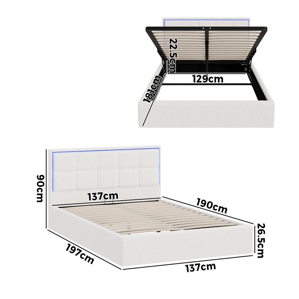 Oikiture Bed Frame Double Size RGB LED Gas Lift Storage Base White Boucle-Bed Frame-PEROZ Accessories