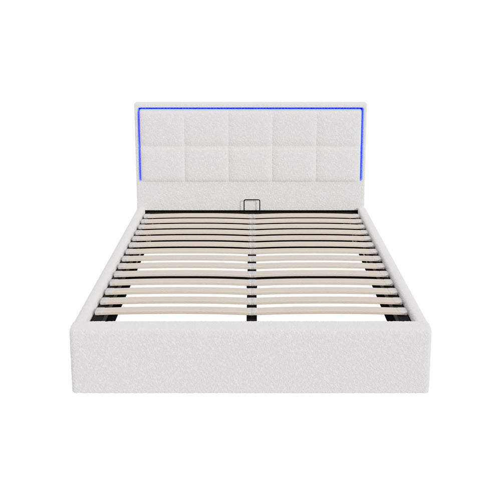 Oikiture Bed Frame Double Size RGB LED Gas Lift Storage Base White Boucle-Bed Frame-PEROZ Accessories