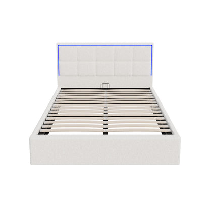 Oikiture Bed Frame Double Size RGB LED Gas Lift Storage Base White Boucle-Bed Frame-PEROZ Accessories