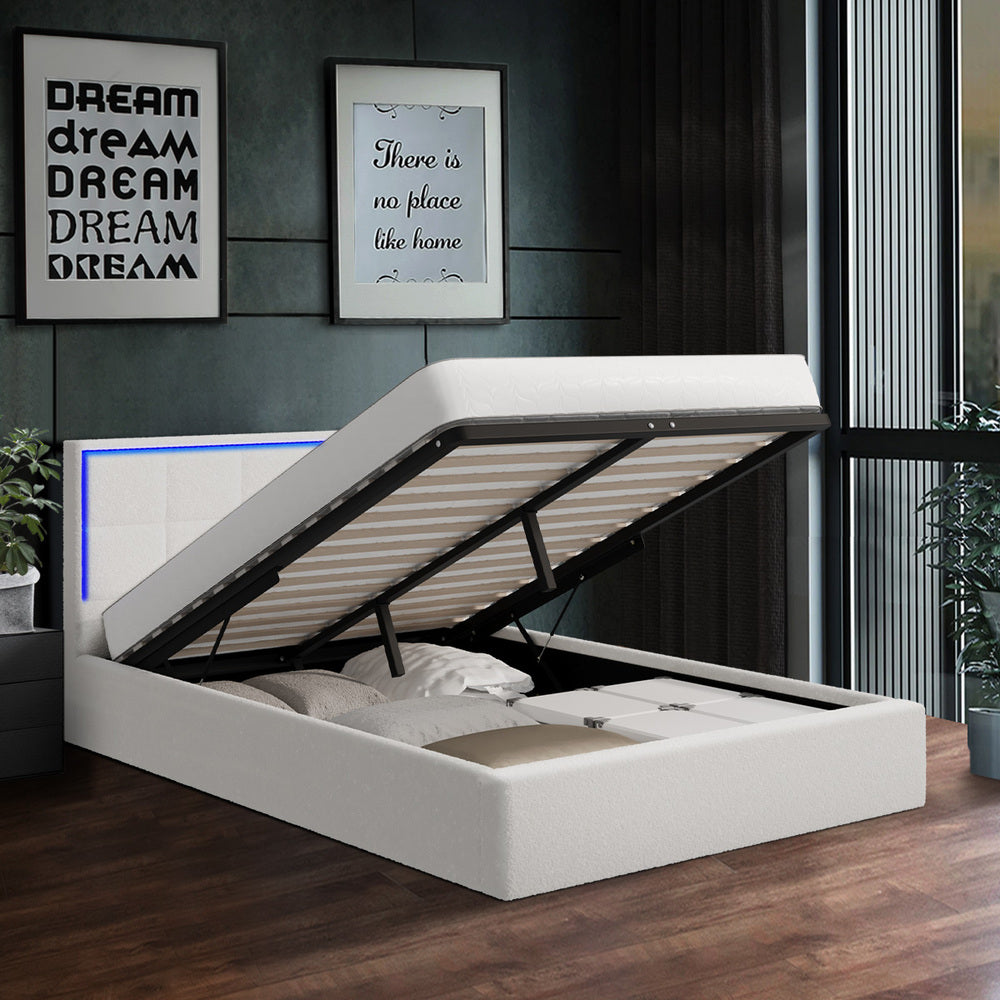 Oikiture Bed Frame Double Size RGB LED Gas Lift Storage Base White Boucle-Bed Frame-PEROZ Accessories