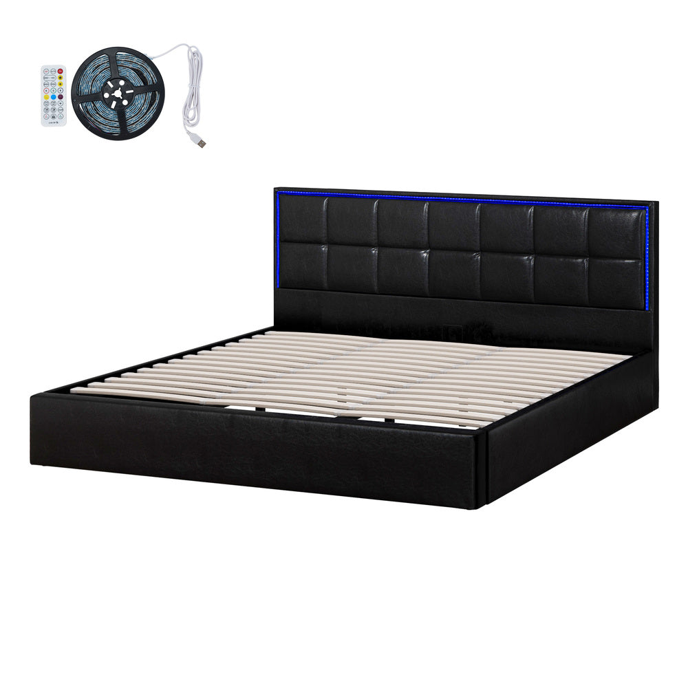 Oikiture Bed Frame King Size RGB LED Gas Lift Storage Base Leather-Bed Frame-PEROZ Accessories
