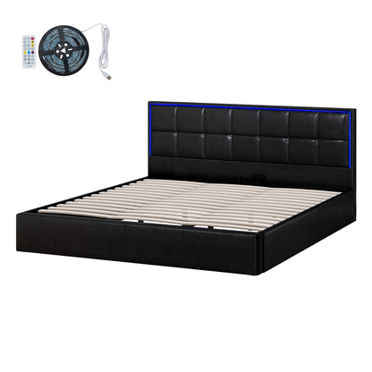 Oikiture Bed Frame King Size RGB LED Gas Lift Storage Base Leather-Bed Frame-PEROZ Accessories