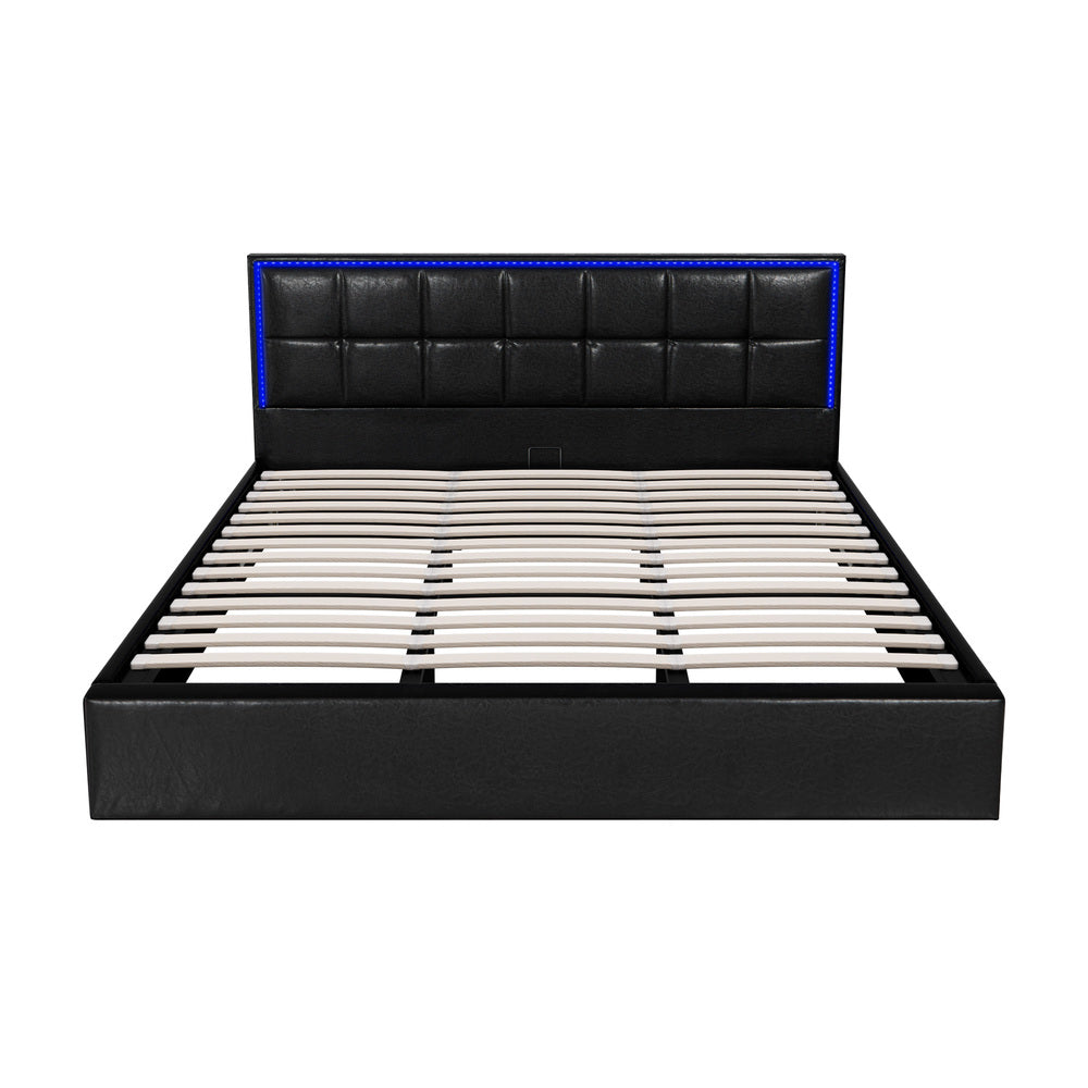 Oikiture Bed Frame King Size RGB LED Gas Lift Storage Base Leather-Bed Frame-PEROZ Accessories