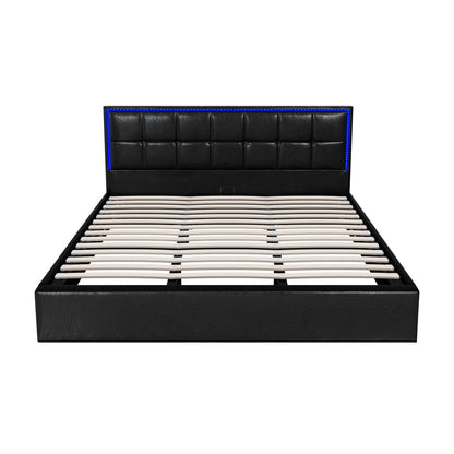 Oikiture Bed Frame King Size RGB LED Gas Lift Storage Base Leather-Bed Frame-PEROZ Accessories