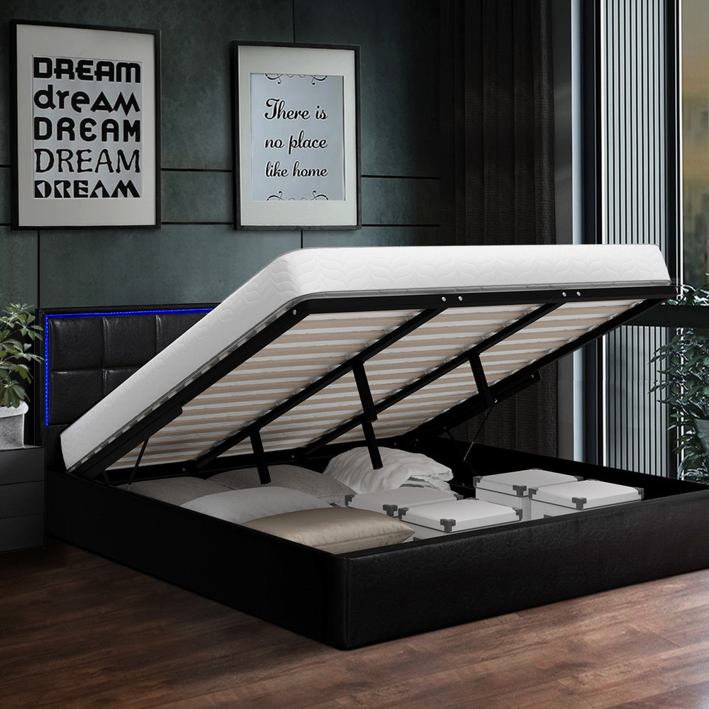 Oikiture Bed Frame King Size RGB LED Gas Lift Storage Base Leather-Bed Frame-PEROZ Accessories