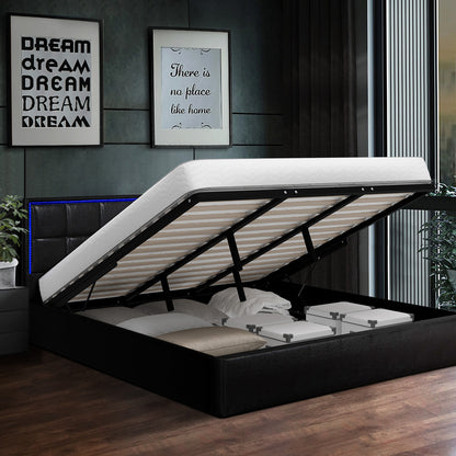 Oikiture Bed Frame King Size RGB LED Gas Lift Storage Base Leather-Bed Frame-PEROZ Accessories
