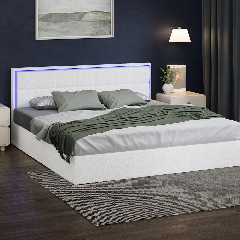 Oikiture Bed Frame King Size RGB LED Gas Lift Storage Base White Boucle-Bed Frame-PEROZ Accessories