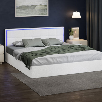Oikiture Bed Frame King Size RGB LED Gas Lift Storage Base White Boucle-Bed Frame-PEROZ Accessories